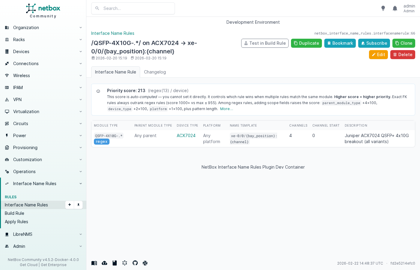 Rule detail for Juniper ACX7024 QSFP+ 4×10G breakout rule, showing priority score 213