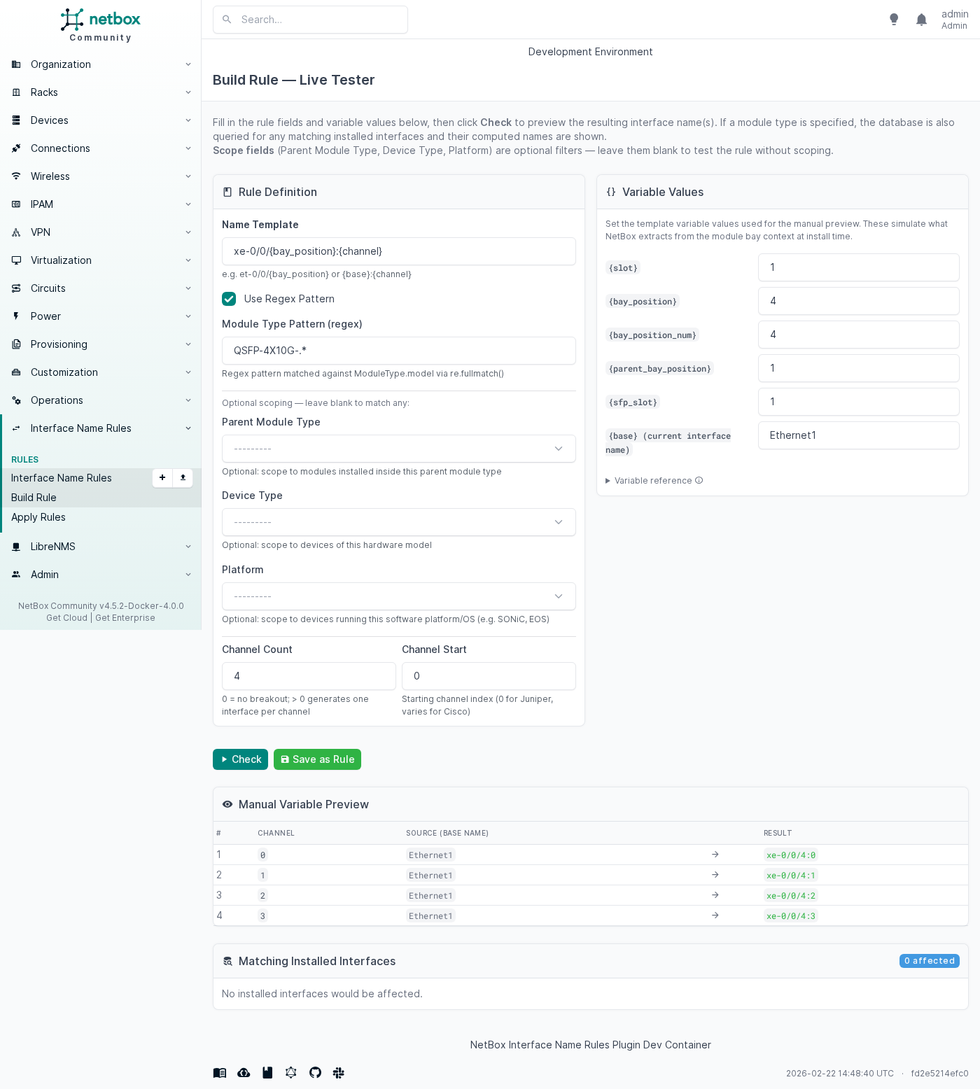 Build Rule tester showing QSFP-4X10G-.* → xe-0/0/{bay_position}:{channel} with 4 channels producing xe-0/0/4:0 through xe-0/0/4:3