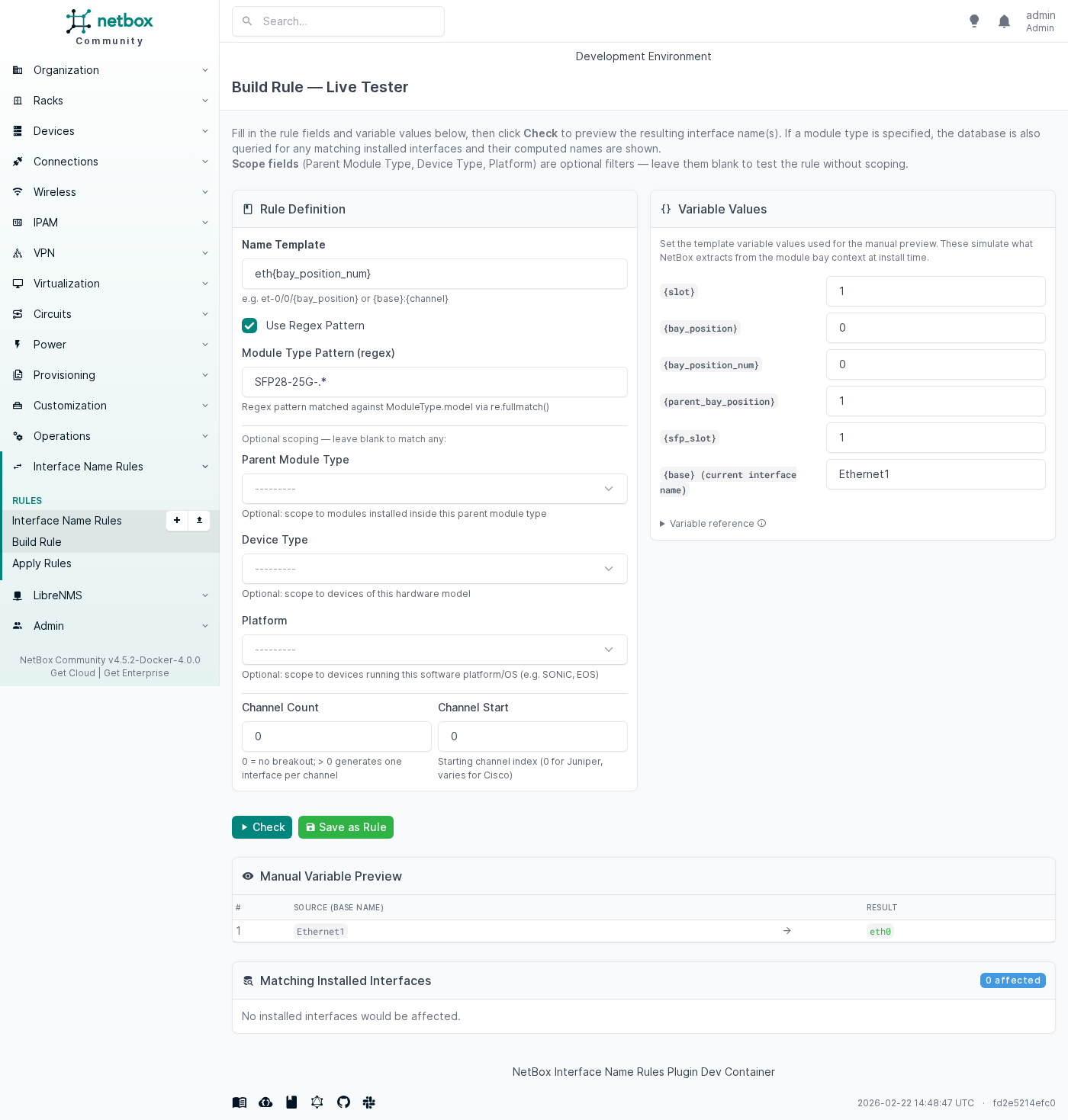 Build Rule tester showing SFP28-25G-.* → eth{bay_position_num} producing eth0
