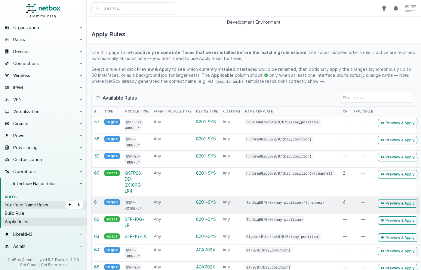 Apply Rules list showing regex and exact rules with Applicable column