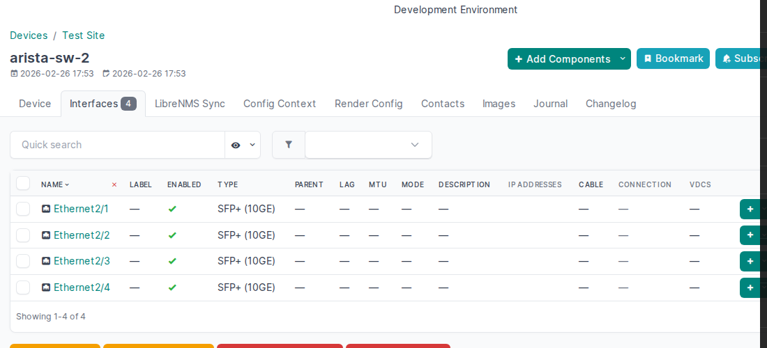 arista-sw-2 interfaces page showing Ethernet2/1 through Ethernet2/4