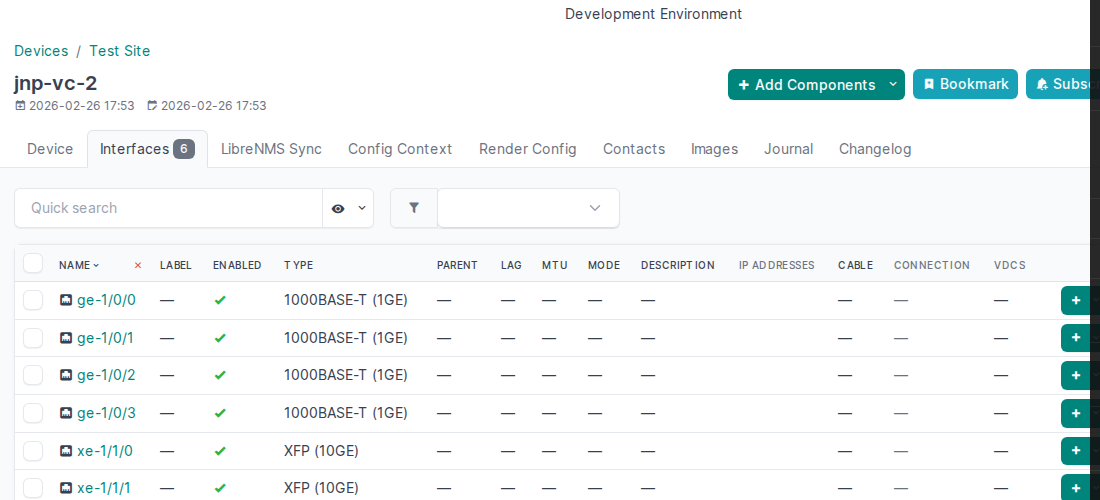 jnp-vc-2 interfaces page showing ge-1/0/0 through ge-1/0/3 and xe-1/1/0, xe-1/1/1 after VC position 1 renaming