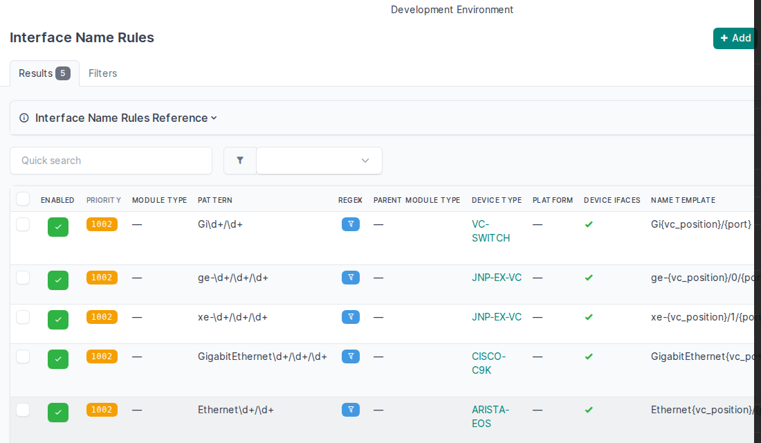 Rules list showing 5 device-level VC rules — filter icon in REGEX column, orange priority badge, green Device Ifaces checkmark