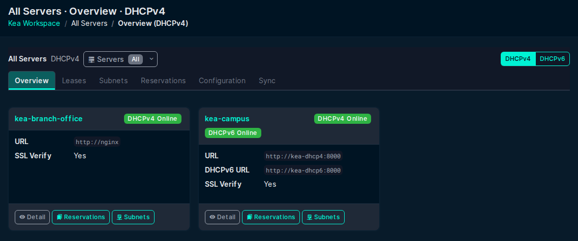 The workspace Overview lists each Kea Server with its endpoint URLs and daemon states