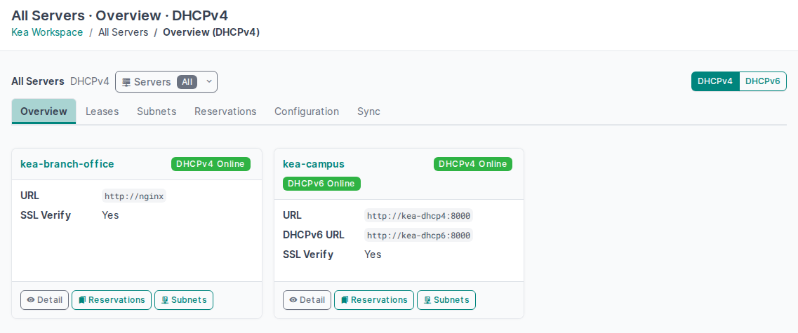The workspace Overview lists each Kea Server with its endpoint URLs and daemon states