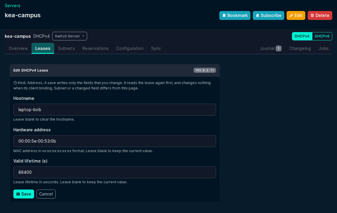 The Edit DHCPv4 Lease form with the hostname, the hardware address and the valid lifetime of the lease