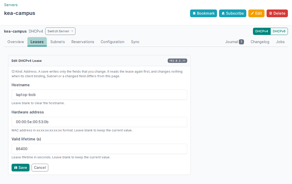 The Edit DHCPv4 Lease form with the hostname, the hardware address and the valid lifetime of the lease
