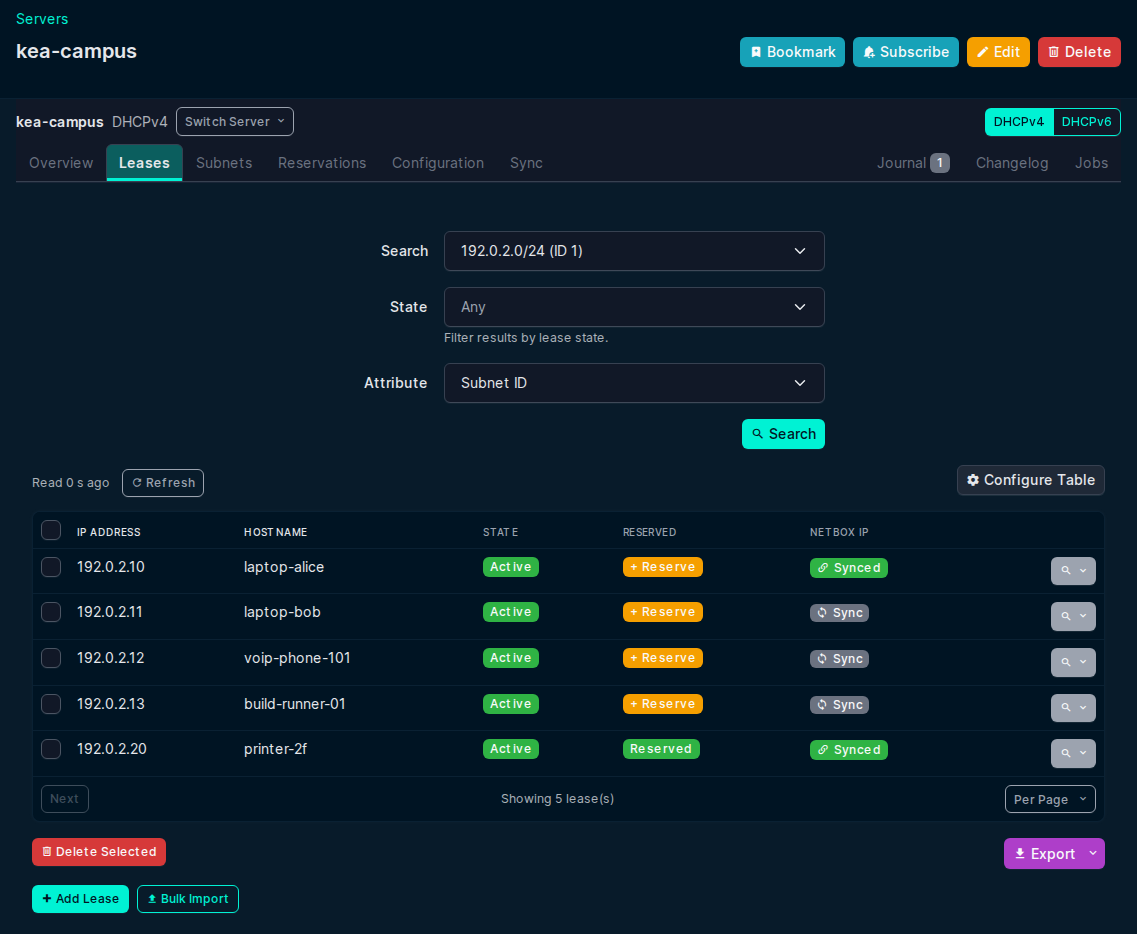 A DHCPv4 lease search by Subnet ID: each lease shows its state, a Reserved badge or a Reserve button, and a Synced badge or a Sync button
