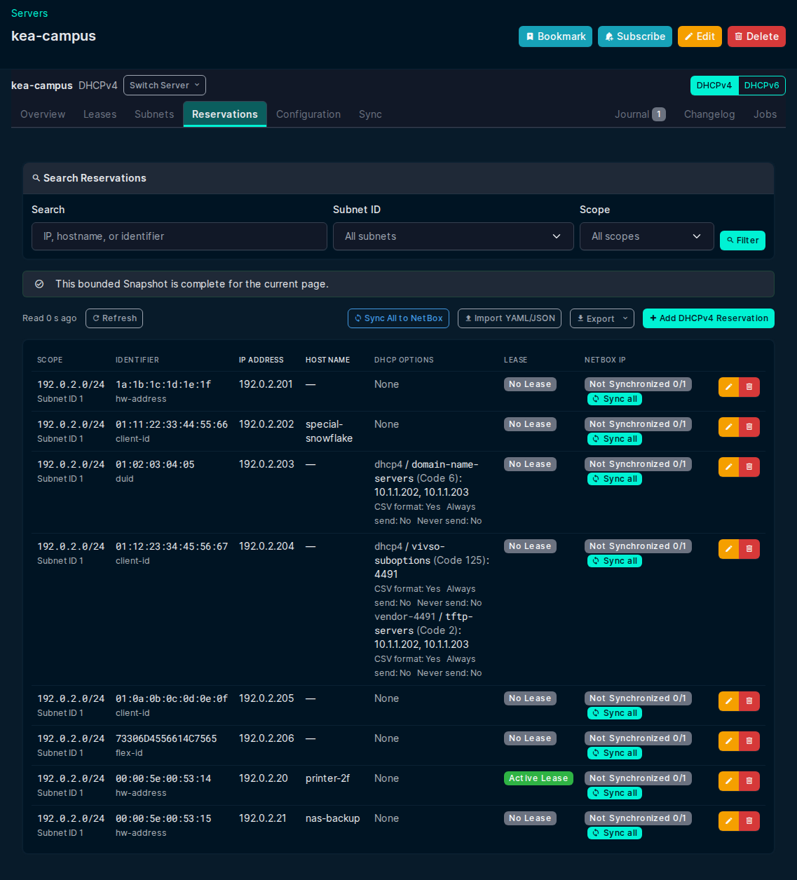The DHCPv4 Reservations of a Server, with the identifier, the reserved address, the DHCP options, the lease state and the NetBox IP state of each Reservation