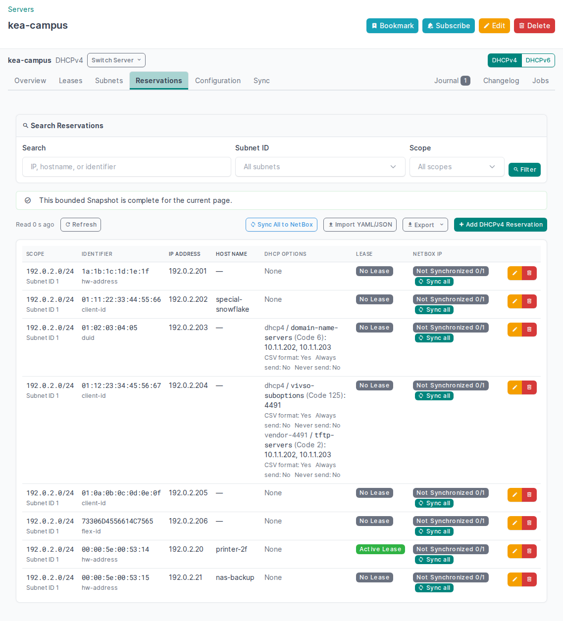 The DHCPv4 Reservations of a Server, with the identifier, the reserved address, the DHCP options, the lease state and the NetBox IP state of each Reservation