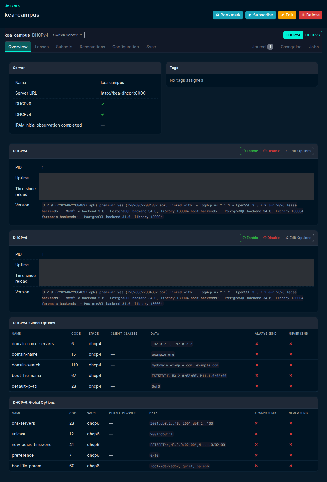 Server Overview shows the version and status of the DHCPv4 and DHCPv6 daemons, and their global DHCP options