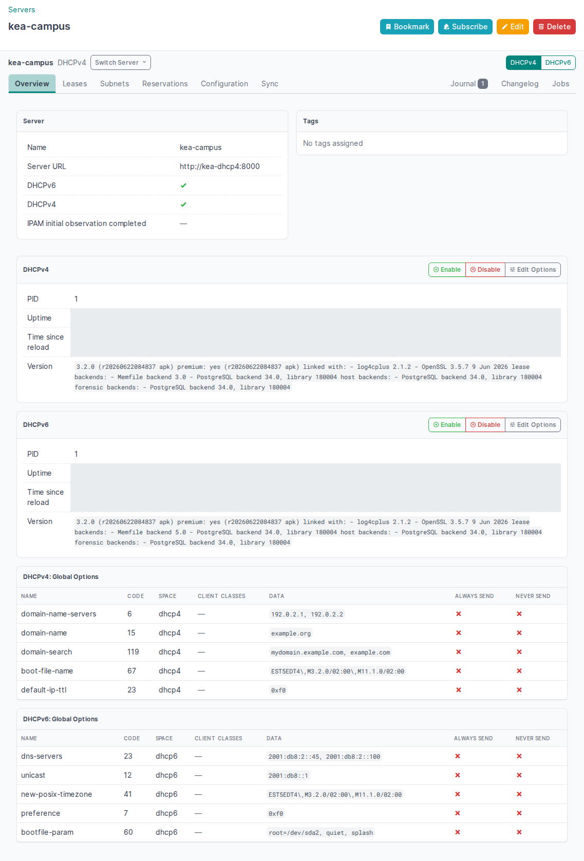 Server Overview shows the version and status of the DHCPv4 and DHCPv6 daemons, and their global DHCP options