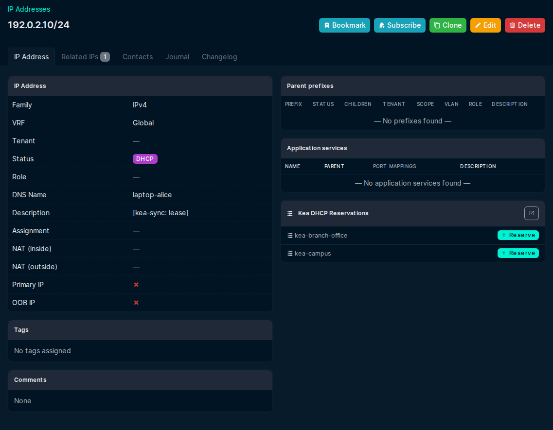 A NetBox IP address that a lease Sync wrote: status DHCP, the DNS name from the lease hostname and the sync marker in the description