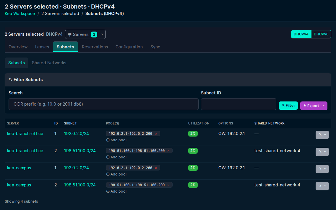 The workspace shows two selected Servers and the Subnets section