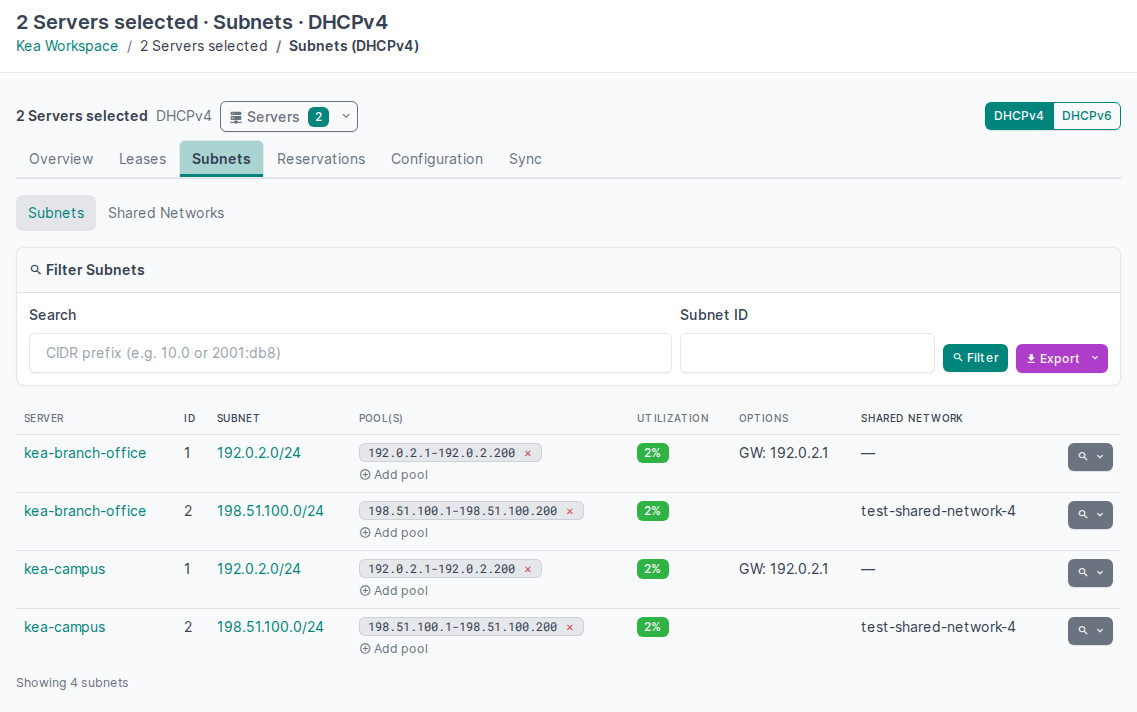 The workspace shows two selected Servers and the Subnets section